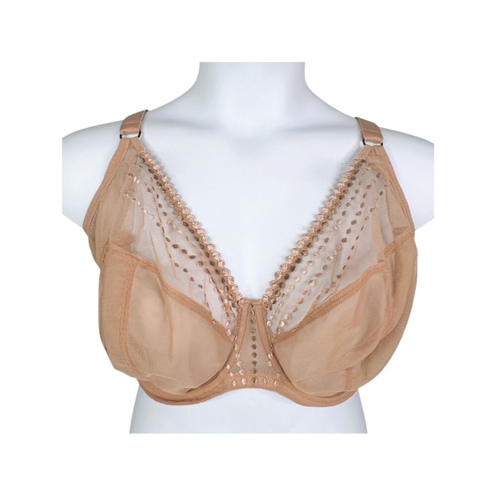 Elomi Matilda Plunge Bra sz 34JJ (UK) / 34N (US) * Tan Dot Trim Sheer